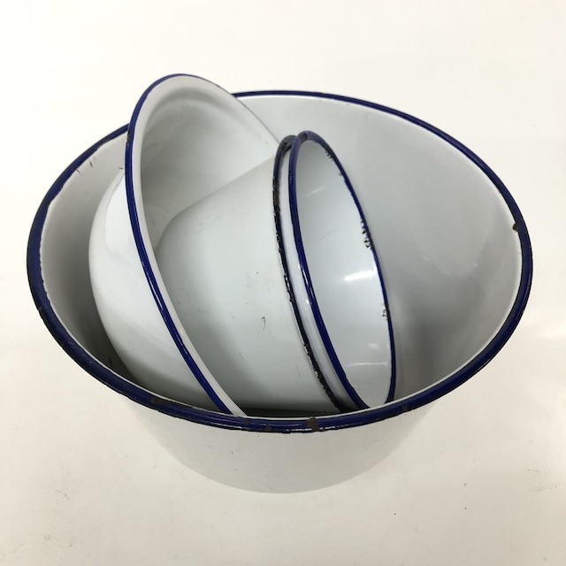 BOWL, Enamel White w Blue Rim - Large